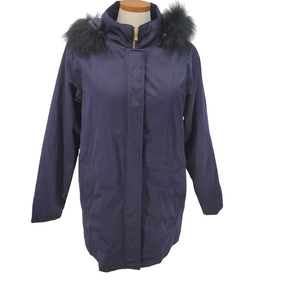 Isaac Mizrahi Live! Faux Fur Trim Hooded Quilted Parka Jacket Small Navy‎ Blue